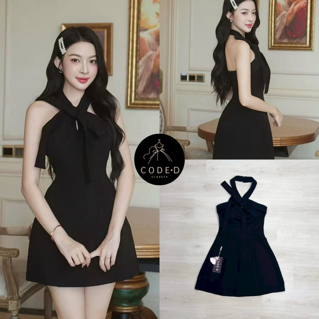 CODE-D CLOSETS มินิเดรสคล้องคอสีดำ ดีเทลแต่งโบช่วงคอ อกเสริมฟองน้ำ อกเอวเข้ารูป