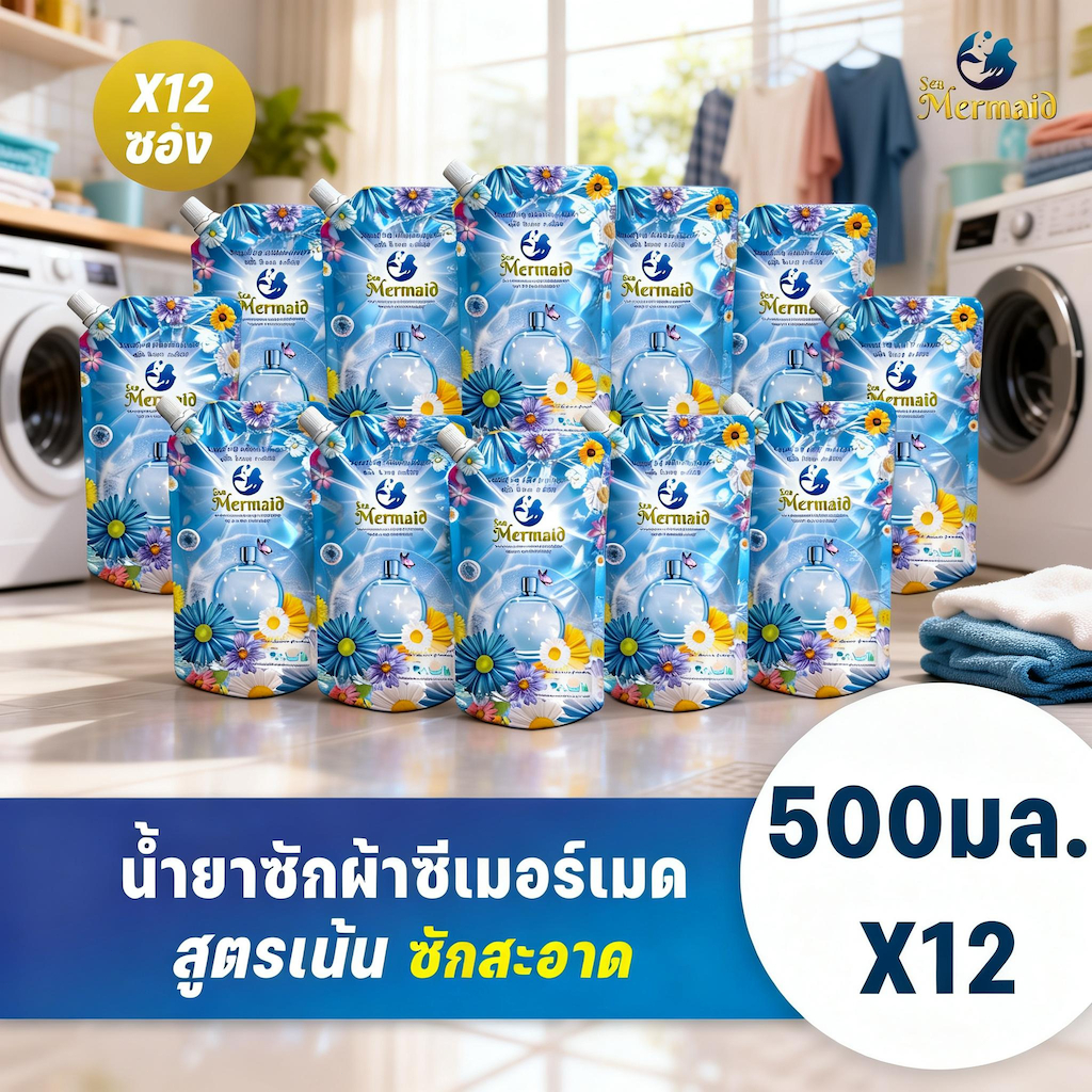 SeaMermaid น้ำยาซักผ้า 6000มล.(500มล.x12)กลิ่น Secret Garden สูตรเข้มข้น อ่อนโยนต่อผิว แพคสุดคุ้ม