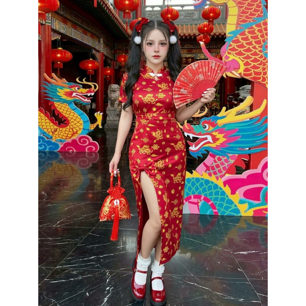 ชุดเซต2ชิ้นผ้าไมโคร(ตรุทจีนตรุทใจ)เเดงเสื้อ+กระโปรงยาว