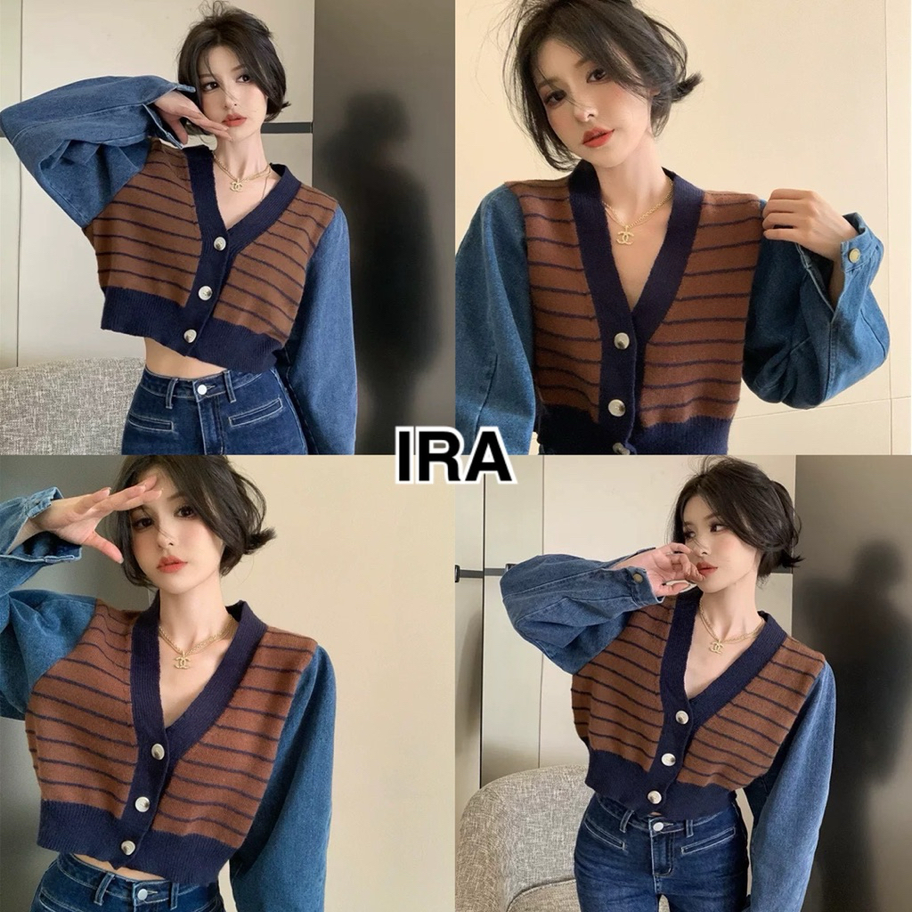 BY IRa (29039)Miki Demin Cardigan ไหมแขนยาวสีพื้น แขนยีนส์ แต่แมชเข้ากันสุดๆ สตรีทเกิร์ลลล (งานรูปวางพื้นจ้าา)