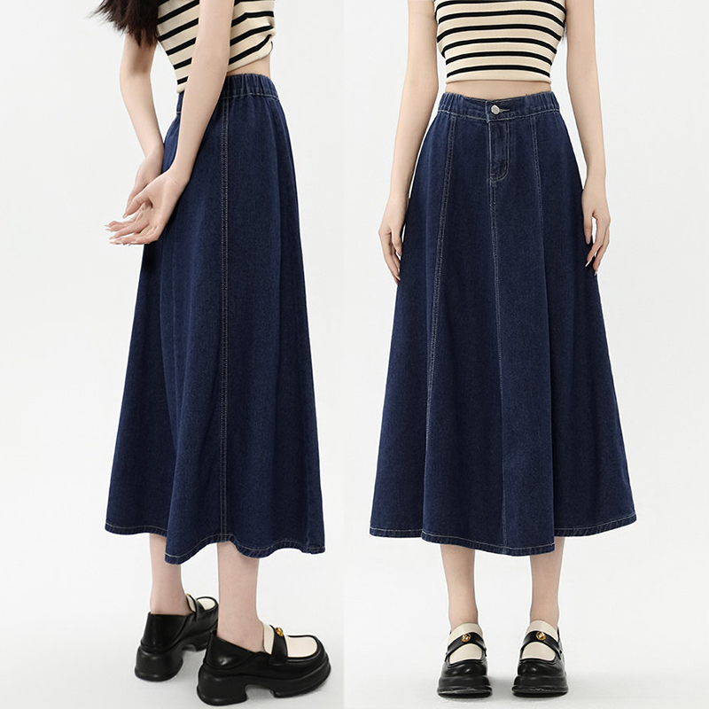 S-5XL กระโปรงยีนส์สตรี สีน้ำเงินเข้ม ยาวมิดิ ทรงเอ เอวยืดหยุ่นบางส่วน - สวมใส่สบาย ไซส์ครบ