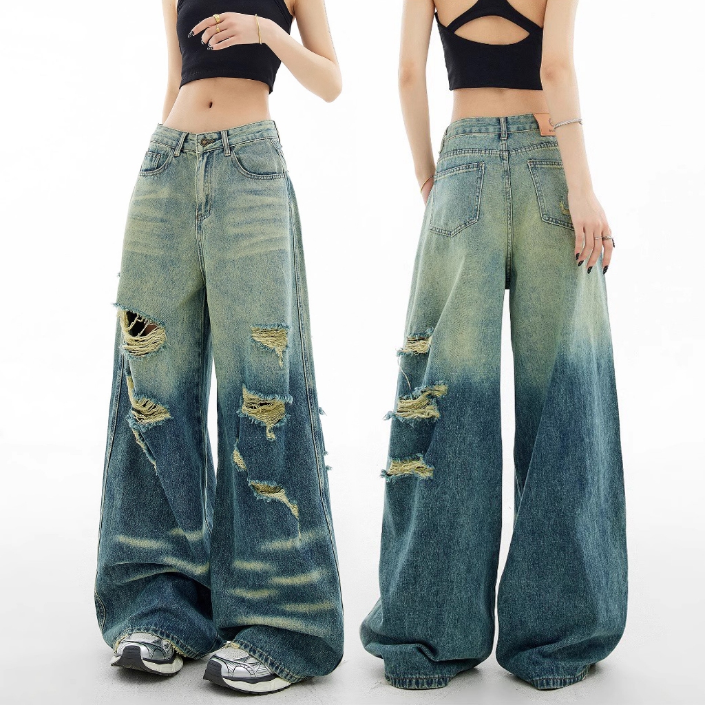 S~5XL Baggy Ripped jeans Retro Blue กางเกงยีนส์ขาดๆ สไตล์เรโทรอเมริกัน รุ่นใหม่ปี 2026 ทรงขากว้างตรงและหลวม