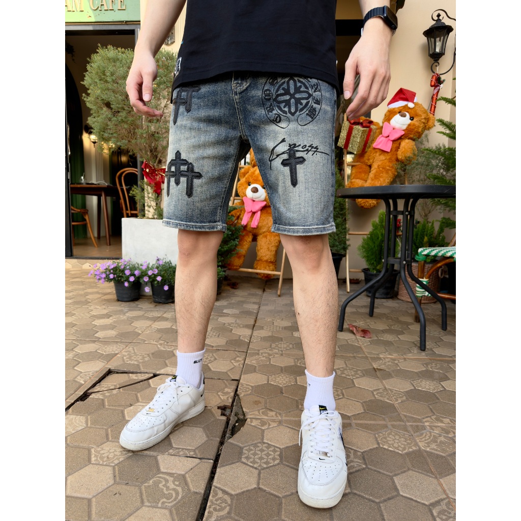 910 CROSS กางเกงยีนส์ผ้ายืด กางเกงขาสั้น กางเกงยีนส์ผ้ายืด ปักกางเขนดำ - รูปที่ 3