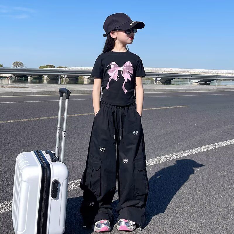 ชุดสูทเด็กฤดูร้อน เสื้อยืดแขนสั้นกางเกงคาร์โก้  2ชิ้น ลำลองหลวมๆ สําหรับเด็กผู้หญิง 4-16 ปี รูปที่ 2