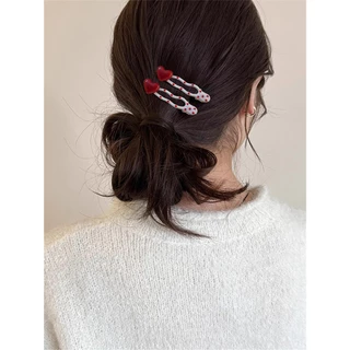 Shimanto กิ๊บติดผม สีขาวมุก ลายจุดสีแดง ตกแต่งด้วยจี้รูปหัวใจ สไตล์เกาหลี สำหรับหนีบผมข้าง ผมหน้าม้า