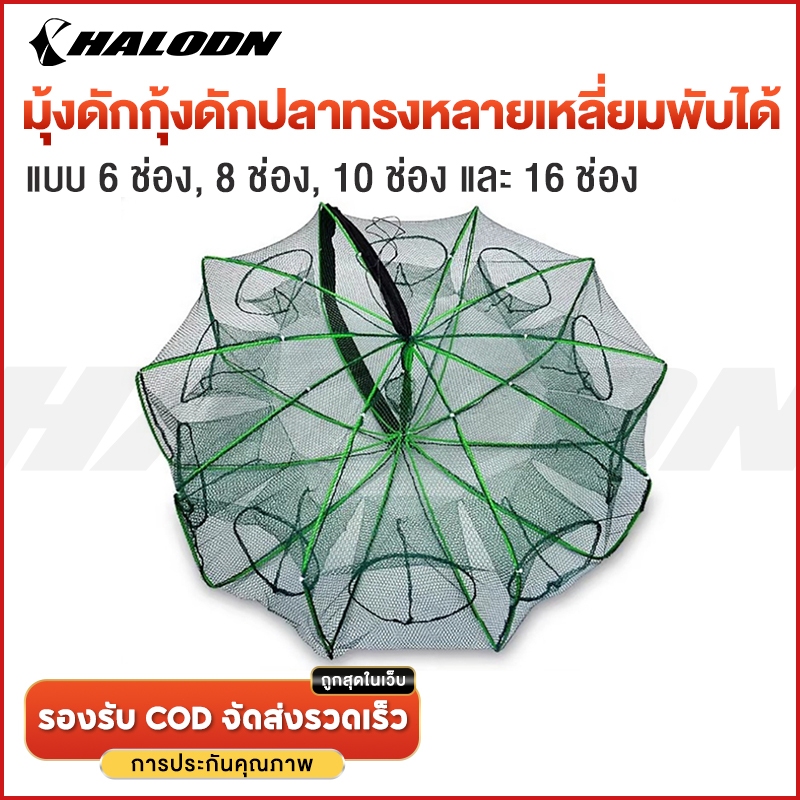 HALODN ตาข่ายดักปลา ที่ดักกุ้งฝอย มุ้งดักปลา พับเก็บได้ กระชังดักปลา ที่ดักกุ้ง 6/8/10/16 ช่อง หกเหลี่ยม มุ้งดักกุ้ง ตาข