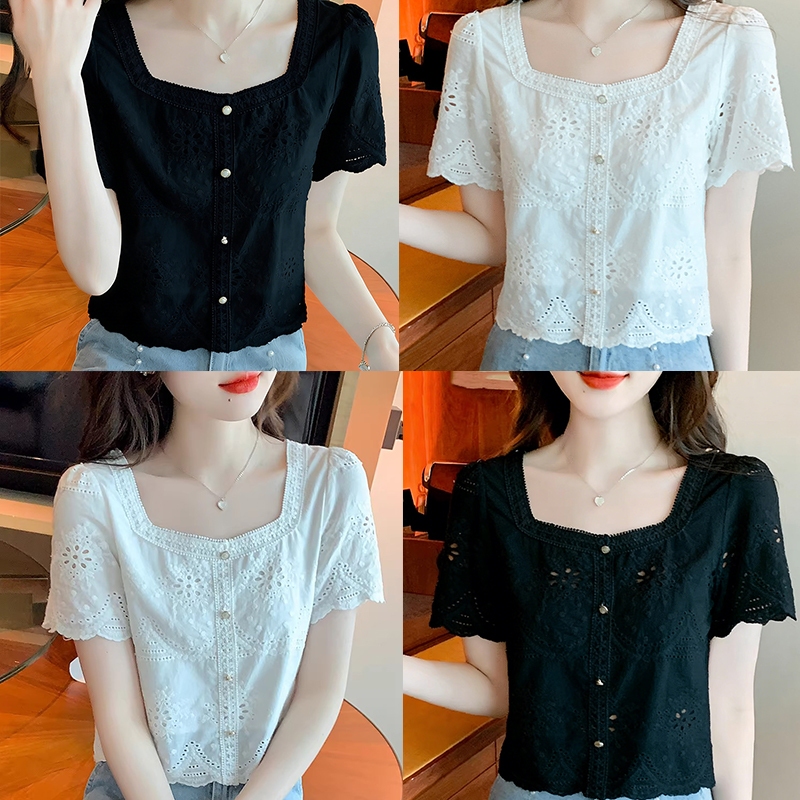 99291เสื้อแขนสั้นผ้าลูกไม้ฉลุลายสไตล์เรโทรใหม่ล่าสุดจาก akifoon.store สำหรับผู้หญิง โดดเด่นด้วยดีไซน์ที่ดูดี มีความหลากห