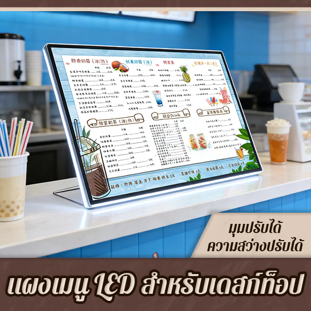 ป้ายเมนูไฟ LED ขนาด A4 A3 A2 ปรับมุมและความสว่างได้ แผงกระจกนิรภัย ป้ายเมนูอาหาร แผ่นเมนูเรืองแสง