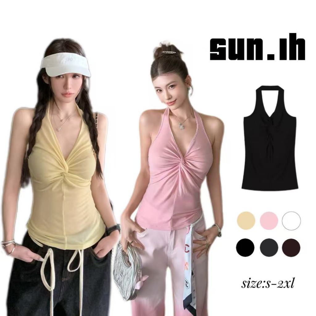 SUN🛍️พร้อมส่ง🛍️เสื้อกล้ามคอวีแขนกุดสีเทาเข้ารูปสไตล์สาวฮอตสุดเซ็กซี่สำหรับผู้หญิงในฤดูร้อน