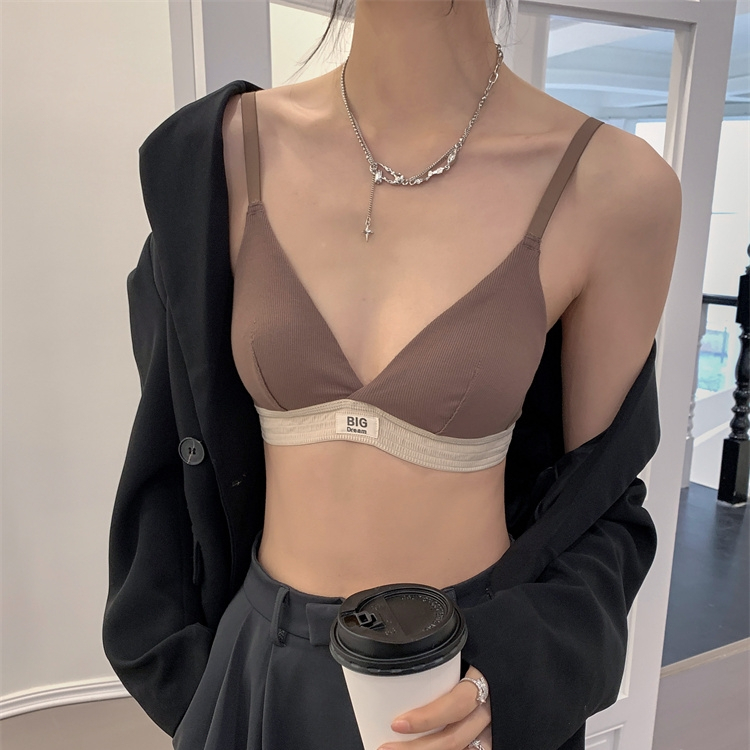 บราแฟชั่นทรงสามเหลี่ยม สไตล์ฝรั่งเศส ผ้าลายริ้ว ดันทรง บางเบา ไร้โครง ไร้ตะเข็บ สปอร์ตสไตล์