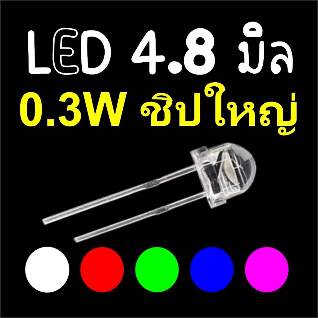 (25/100ตัว) LED 4.8มิล 0.3W ULTRA-BRIGHT ชิปใหญ่ กลม ขาวใส