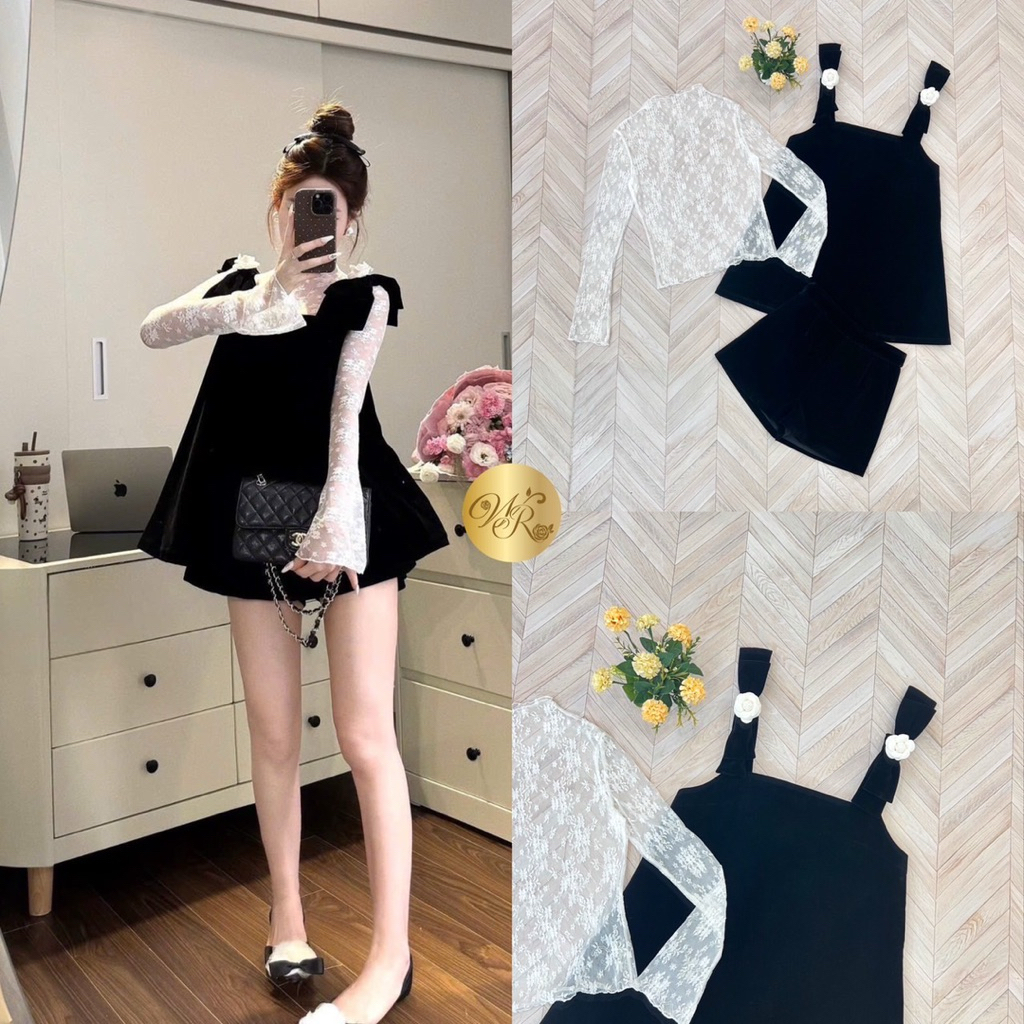 [Widelia @ Real] Set 3ชิ้น เดรสสายเดี่ยว+เสื้อลูกไม้+กางเกงขาสั้น มีเข็มกลัดดอกไม้ให้ 2 ดอก