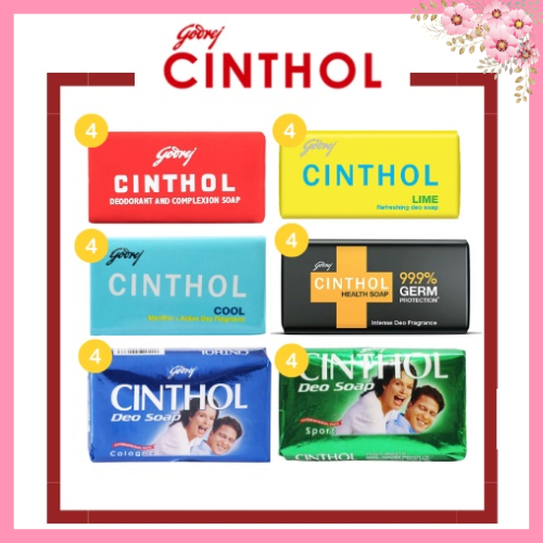 (แพ็ค 4 ก้อน) สบู่ซินทอล Godrej CINTHOL สูตรดั้งเดิมขนาด 100 กรัม Lime, Health, Deo Sport Soap 4Pack