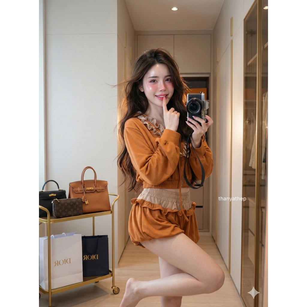 [ เซท 3 ชิ้น ] เสื้อฮู้ดแต่งระบายมีสายเดี่ยวแยกให้ ใส่ได้หลายแบบพร้อมกางเกงบอลลูนซับใน