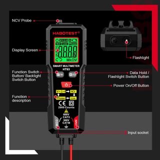 HABOTEST HT93 มัลติมิเตอร์แบบดิจิตอล AC/DC แรงดันไฟฟ้า Current เครื่องทดสอบอัตโนมัติ 2000 นับ Ohm Ammeter Handheld Multi