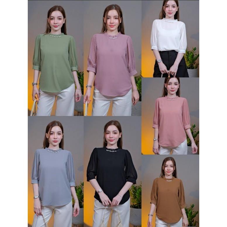 🔥Chanan☘️ 0548 เสื้อชีฟองผสมเกรดดี คอกลมระบายเล็กๆแต่งไข่มุก สีพื้นเรียบหรู ใส่ออกงาน ใส่เที่ยว เสื้อผู้หญิง มี7สี - รูปที่ 6