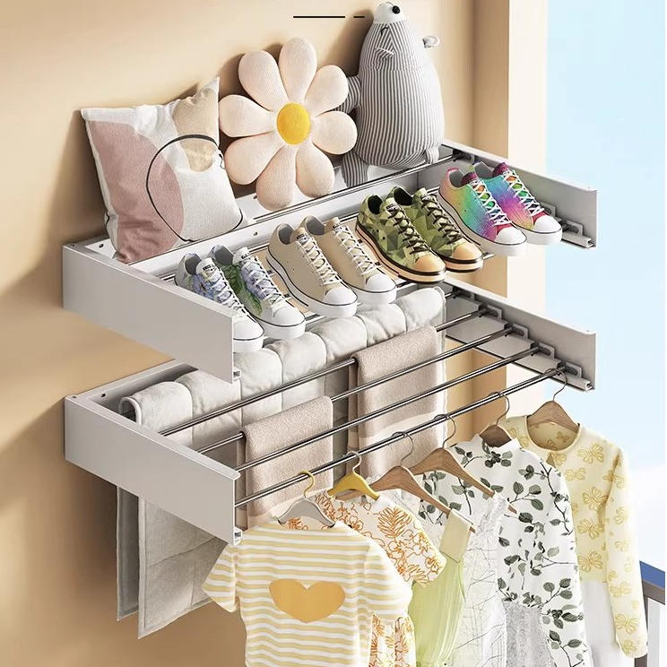 Rack ราวตากผ้าติดผนังสแตนเลส ประหยัดพื้นที่ พับเก็บได้ ราวตากผ้าแบบมองไม่เห็น พร้อมแกนอลูมิเนียม 5 แกน