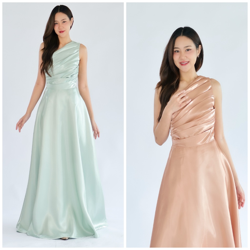FN6123 เดรสยาวกระโปรงบาน ไหล่เดี่ยว ผ้าsilk ชุดไปงานแต่ง ชุดออกงาน เดรสเพื่อนเจ้าสาว สีพาสเทล [LUXURY707]
