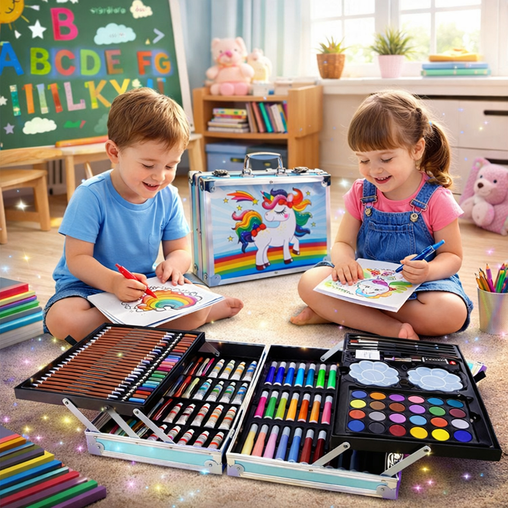 ชุดกล่องสี สีน้ำเด็กปากกาสีดินสอสี ชุดระบายสี 2 ชั้น 145 ชิ้น กล่องสีพาเลท ศิลปะสำหรับเด็ก