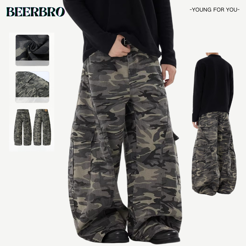 beerbroth-กางเกงขายาวคาร์โก้ลายพราง  ทรงบอลลูน สไตล์อเมริกัน ดีไซน์หลายกระเป๋า baggy jeans