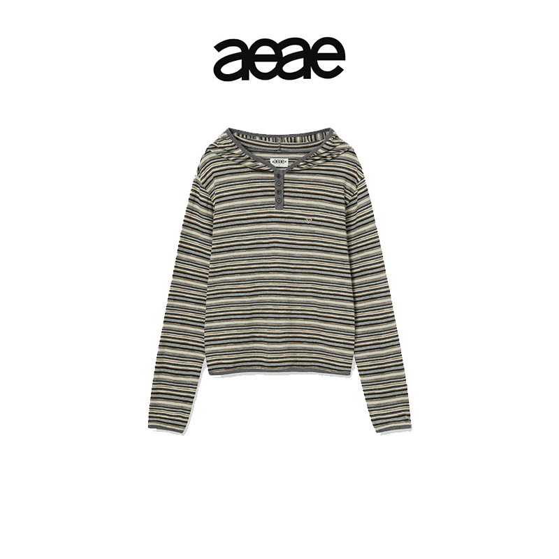 AEAE🇰🇷 STRIPE KNIT HOODIE -BEIGE เสื้อแขนยาวมีฮู้ดลายทาง