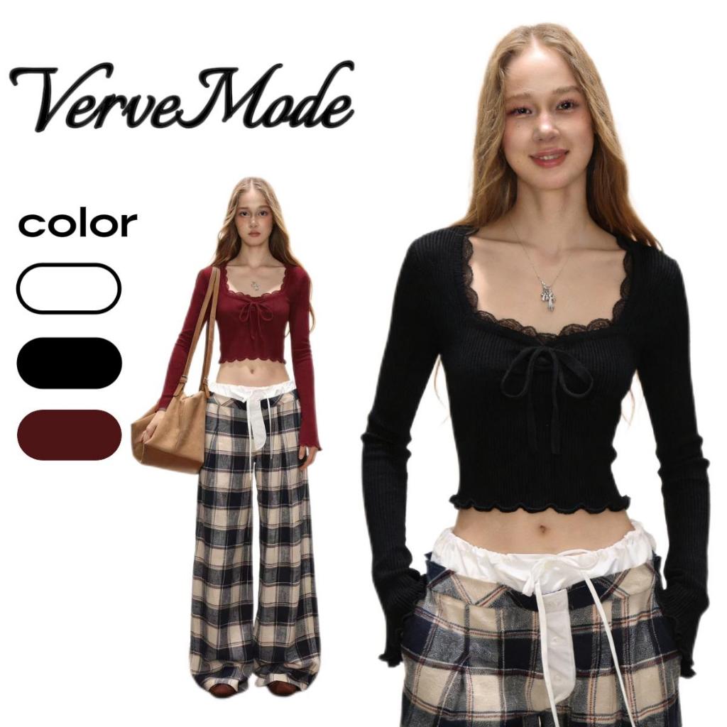 VerveMode.🍓จัดส่งในประเทศไทย🍓เสื้อยืดแขนยาวคอยูผูกโบว์สไตล์บัลเล่ต์ทำเองสำหรับผู้หญิง ทรงเข้ารูปสำหรับฤดูใบไม้ร่วง เสื้อ