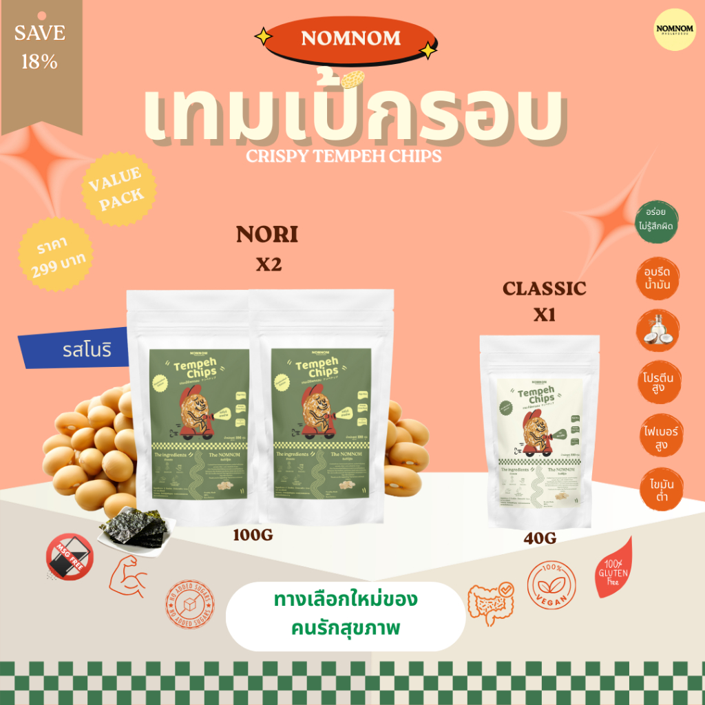NOMNOM เทมเป้กรอบ เทมเป้ชิป รสโนริสาหร่าย Tempeh Chips ถั่วเหลืองกรอบ โปรโมชั่นสุดคุ้ม x2