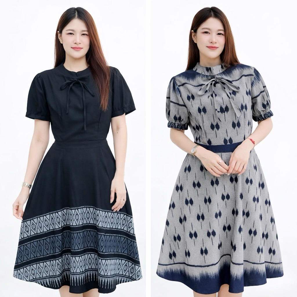 ชุด2in1 มีซิปหลังและสม็อคหลัง ผูกโบว์ที่คอเสื้อ เดรส Dress เสื้อผ้าผู้หญิง ชุดกระโปรง เสื้อผ้าแฟชั่น ชุดผ้าไทย ผ้าไทย