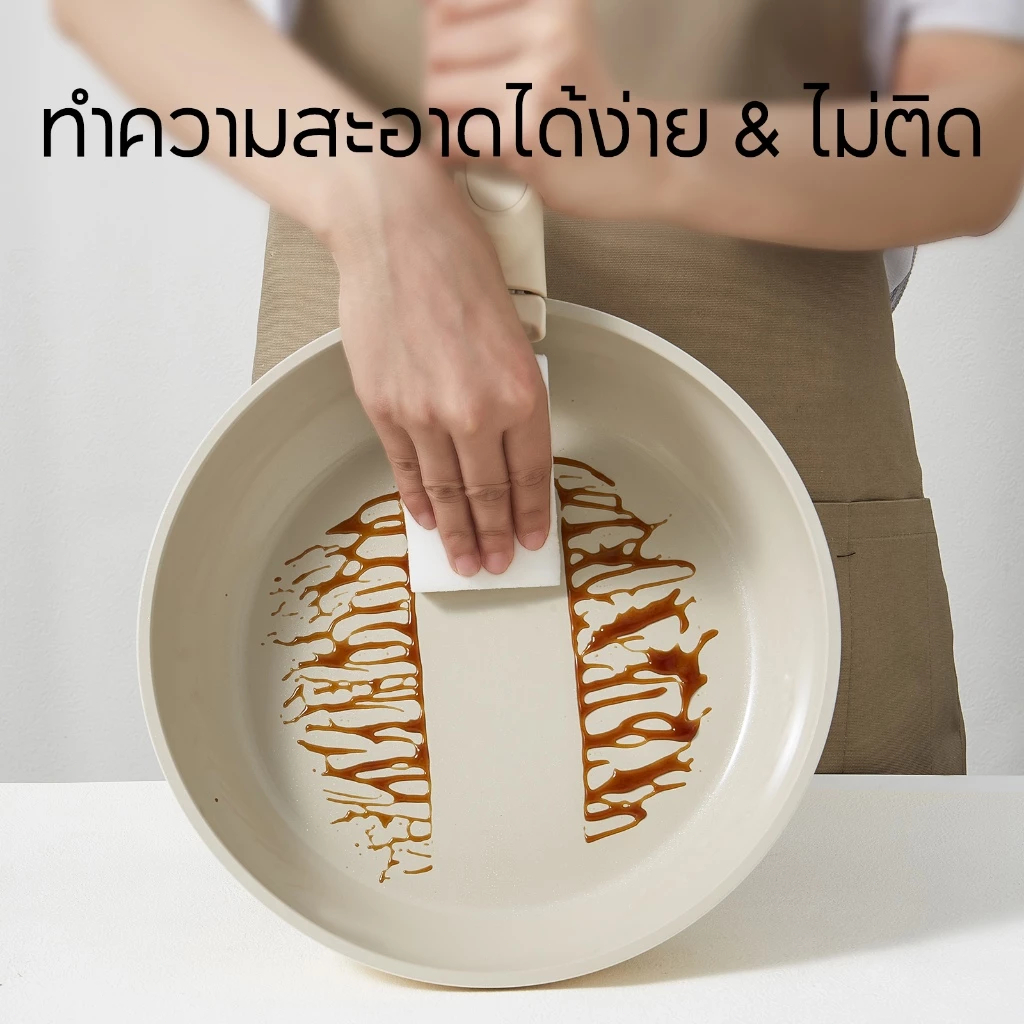 กระทะเคลือบหินอ่อน ไม่ติดกระทะ มีด้ามจับถอดได้ สีเบจ/เขียวมิ้นต์ เหมาะกับเตาทุกประเภท - รูปที่ 5