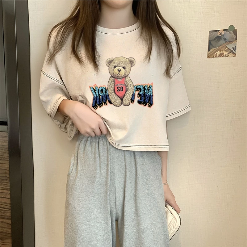 เสื้อครอปเอวลอยสาวอวบอ้วนไซส์ใหญ่ oversize เสื้อผ้าแฟชั่นวัยรุ่นน่ารักๆ เสื้อยืดลายการ์ตูนสวยๆผู้หญิงฤดูร้อนแบบหลวมใหม่