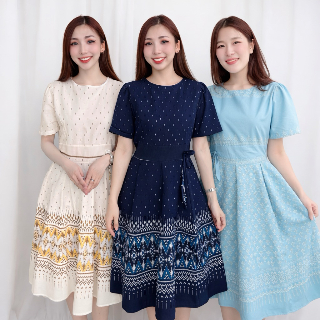 ชุด2in1 มีซิปหลังและสม็อคหลัง ผูกโบว์ที่เอว เดรส Dress เสื้อผ้าผู้หญิง ผ้าไทย ชุดผ้าไทย ชุดทำงาน