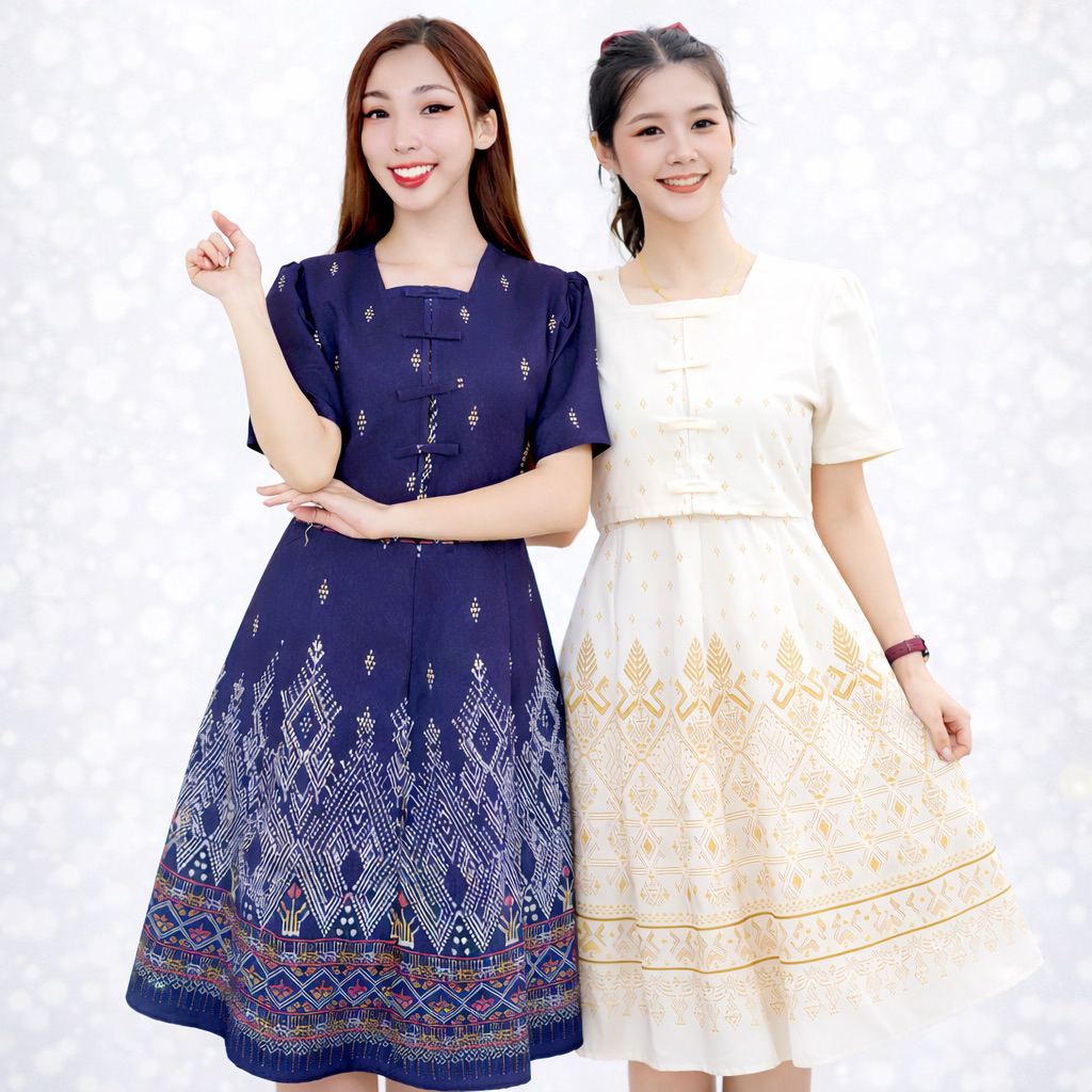 ชุด2in1 มีซิปหลังและสม็อคหลัง แต่งกระดุมจีน 4 อัน เดรส Dress เสื้อผ้าผู้หญิง ชุดทำงาน ชุดผ้าไทย