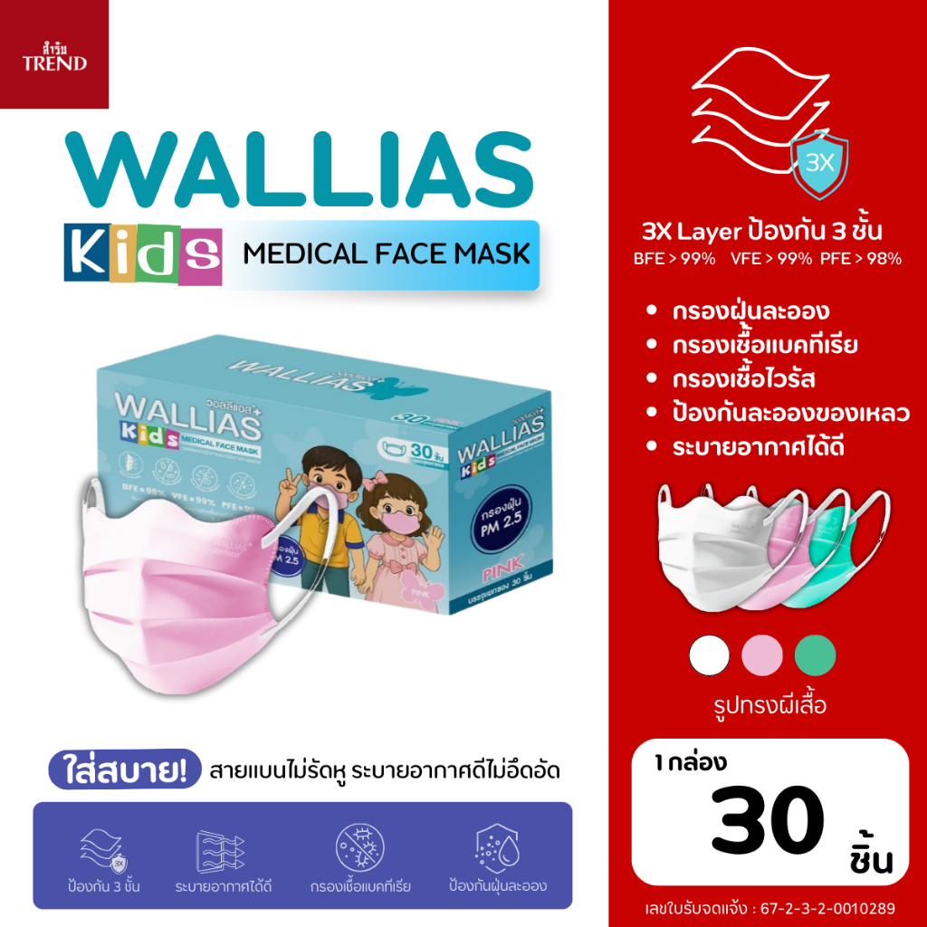 WALLIAS หน้ากากอนามัยทางการแพทย์ เด็ก KIDS Butterfly Medical Face Mask มาตรฐาน BFE/VFE/PFE>99% กรอง VIRUS และ Bacterial