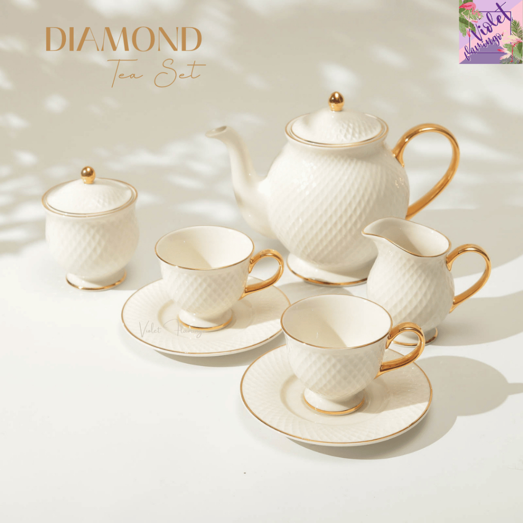 Violet Flamingo ชุดน้ำชาสุดหรู รุ่น Diamond Tea Set ชุดน้ำชาลายเพชรสีขาว Ivory (สีขาวงาช้าง) ขอบทอง งานเกรดพรีเมี่ยม
