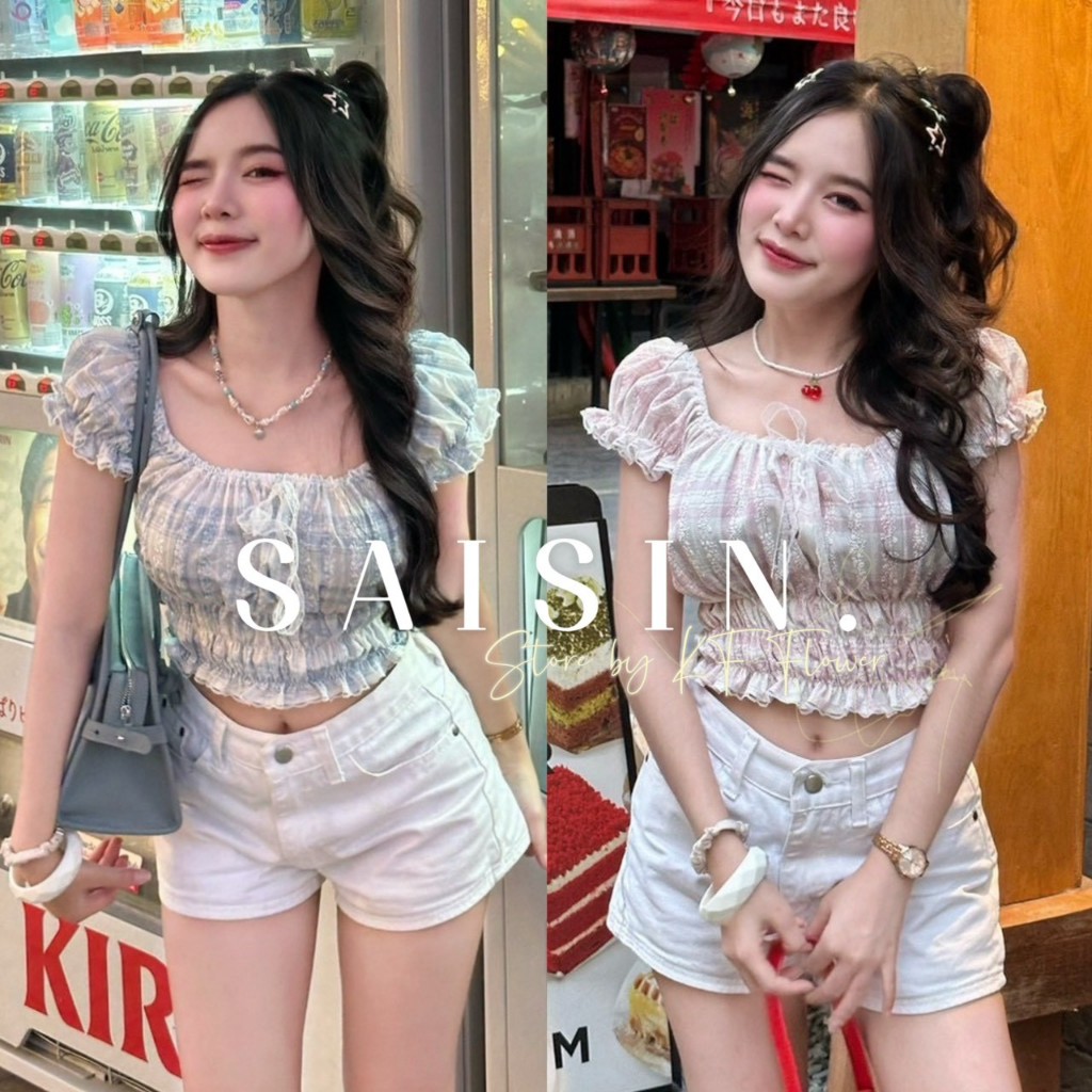 เสื้อครอปแขนตุ๊กตา แต่งขอบลูกไม้ โบว์ลูกไม้น่ารักๆ P29