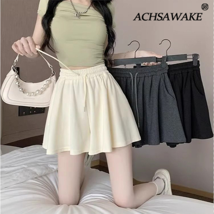 ACHSAWAKE กางเกงกางเกงสตรี เอวสูง ขากว้าง มีจีบ ใส่สบาย