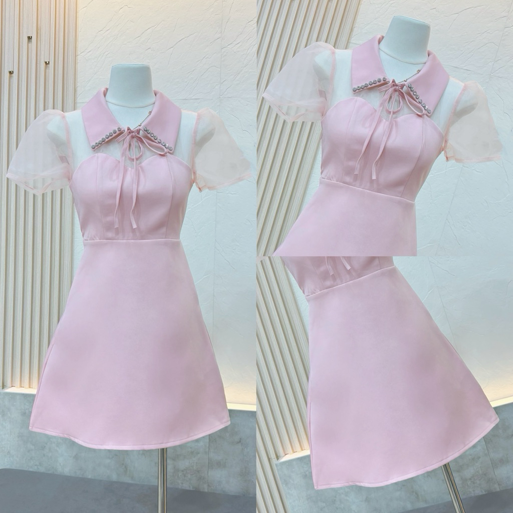 A054 LUNA.BRAND ชุดเดรสกระโปรงคอปกผูกโบว์แต่งเพชรคริสตัล แขนตุ๊กตาผ้าชีฟอง เรียบหรูผู้ดีสุดๆ ใส่ออกงาน คาเฟ่ ทำงาน - รูปที่ 6