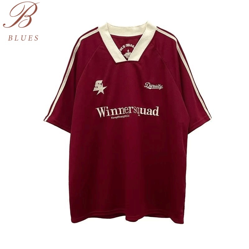 B BLUES เสื้อยืดแขนสั้นคอวีสไตล์ High Street สไตล์อเมริกัน เสื้อคู่ลำลองทรงหลวมพิมพ์ลายย้อนยุค