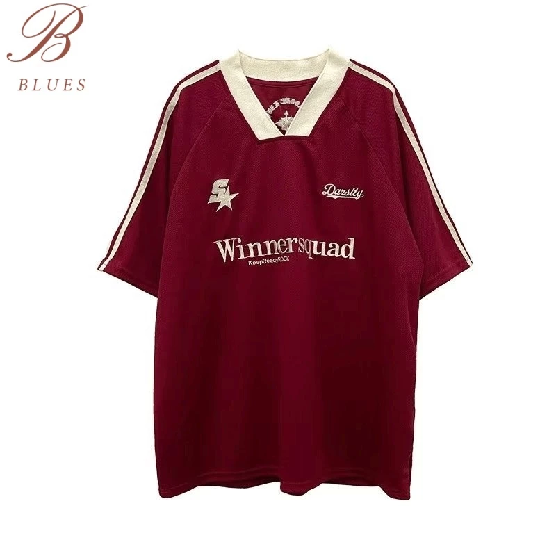 B BLUES เสื้อยืดแขนสั้นคอวีสไตล์ High Street สไตล์อเมริกัน เสื้อคู่ลำลองทรงหลวมพิมพ์ลายย้อนยุค