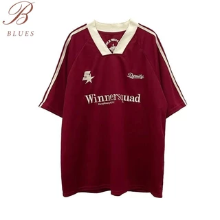 B BLUES เสื้อยืดแขนสั้นคอวีสไตล์ High Street สไตล์อเมริกัน เสื้อคู่ลำลองทรงหลวมพิมพ์ลายย้อนยุค