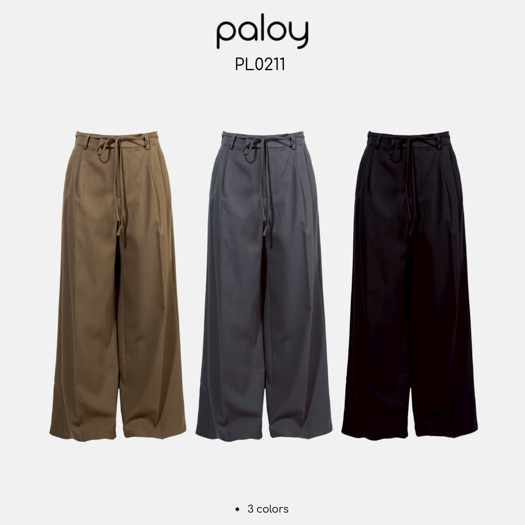 Paloy - PL0211 กางเกงผ้าขายาว ทรงกระบอก มีเชือกผูกเอว