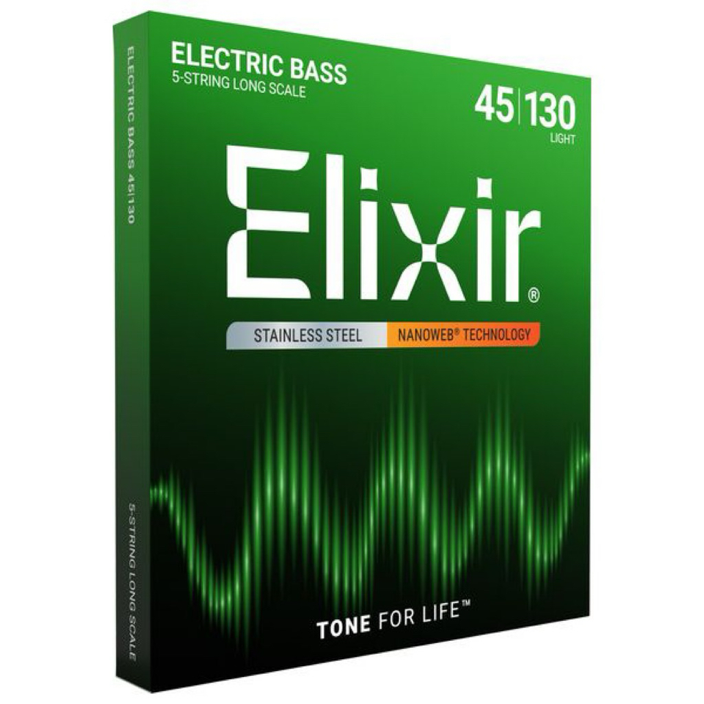 สายเบสเคลือบกันสนิม Elixir 5 สาย Stainless Steel , Nickel Plated Nanoweb Coated 5-String Bass Strings Light 45-130