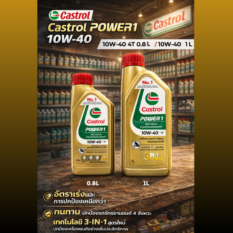ของเเท้100% น้ำมันเครื่อง คาสตรอล CASTROL POWER1 10W-40  น้ำมันเครื่อง [Castrol POWER]