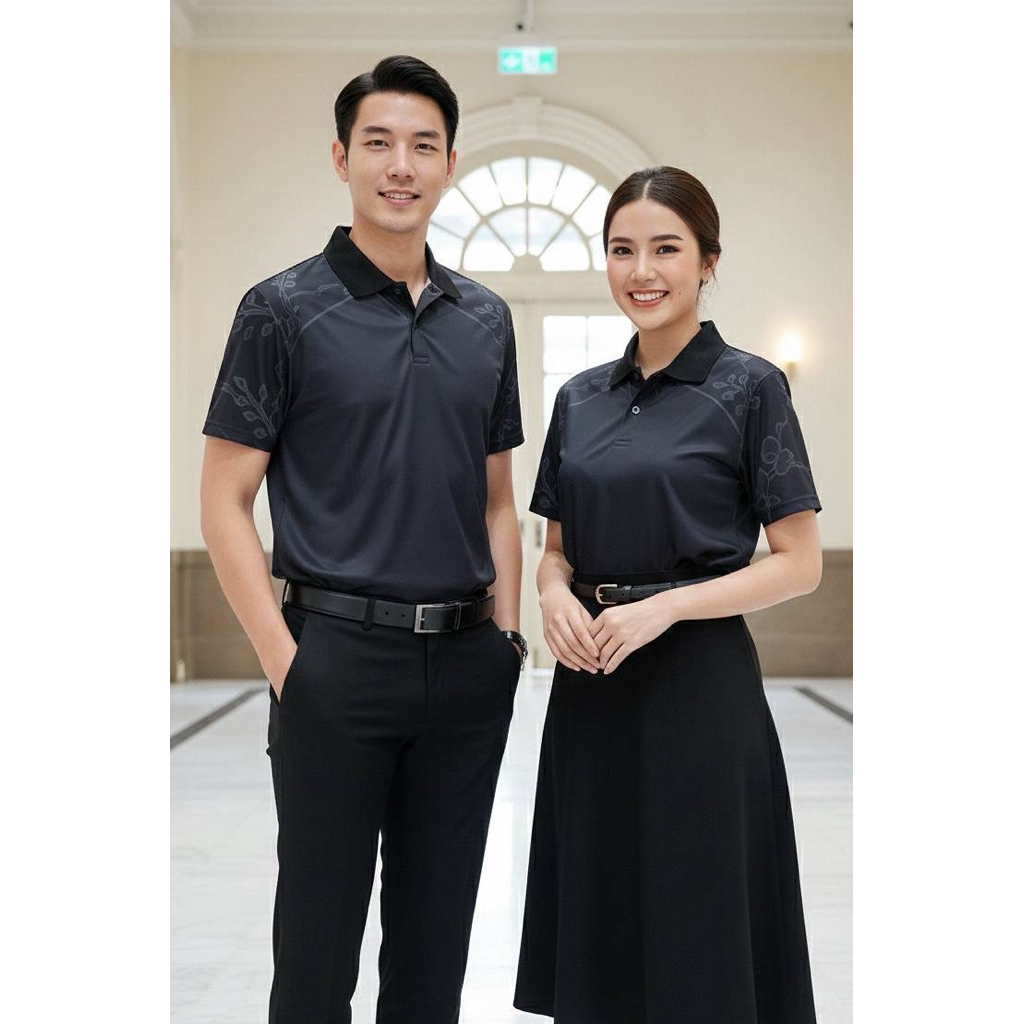 เสื้อโปโลลายดอกโสนสีดำ