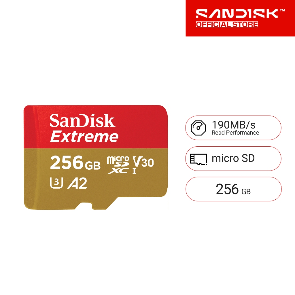 SanDisk EXTREME micro SDXC UHS-I A2 256GB (SDSQXAV-256G-GN6MN) reads 190MB/s writes 130MB/s