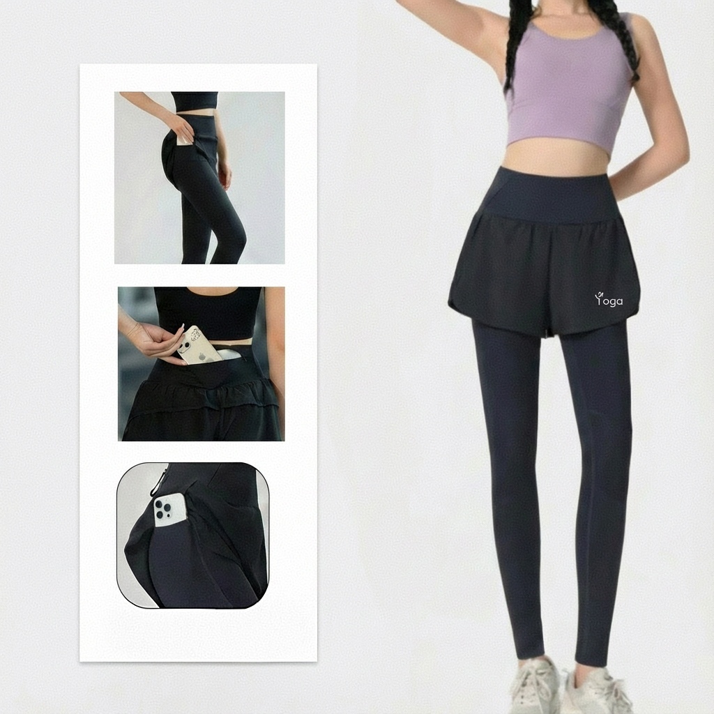 กางเกงออกกำลังกายผู้หญิง 2in1 เลกกิ้งพร้อมกางเกงขาสั้น เอวสูง มีกระเป๋า วิ่ง ฟิตเนส โยคะ สปอร์ตแวร์