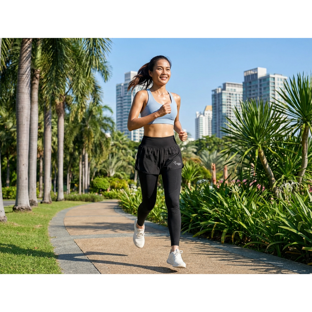 กางเกงออกกำลังกายผู้หญิง 2in1 เลกกิ้งพร้อมกางเกงขาสั้น เอวสูง มีกระเป๋า วิ่ง ฟิตเนส โยคะ สปอร์ตแวร์ - รูปที่ 4