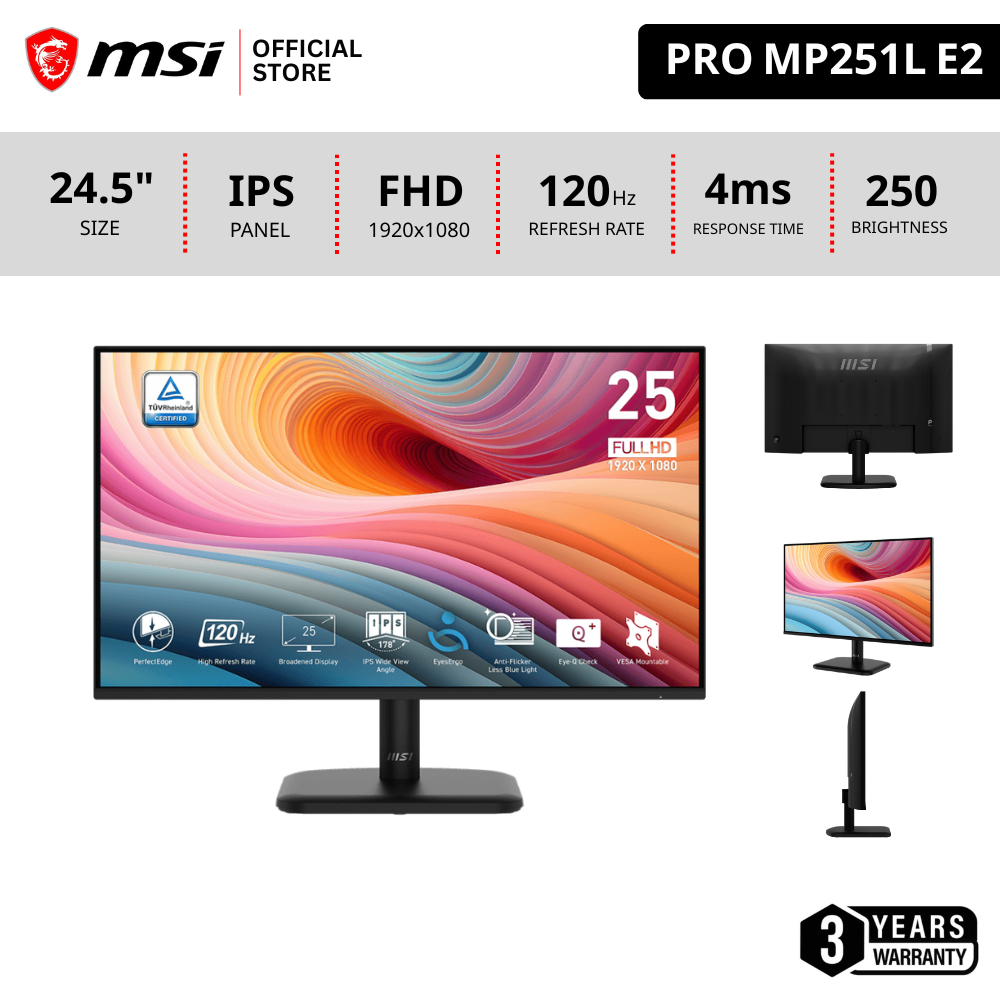 MSI PRO MP251L E2 Monitor จอคอมพิวเตอร์ สีดำ 24.5" 1920 x 1080 (FHD) IPS 120HZ