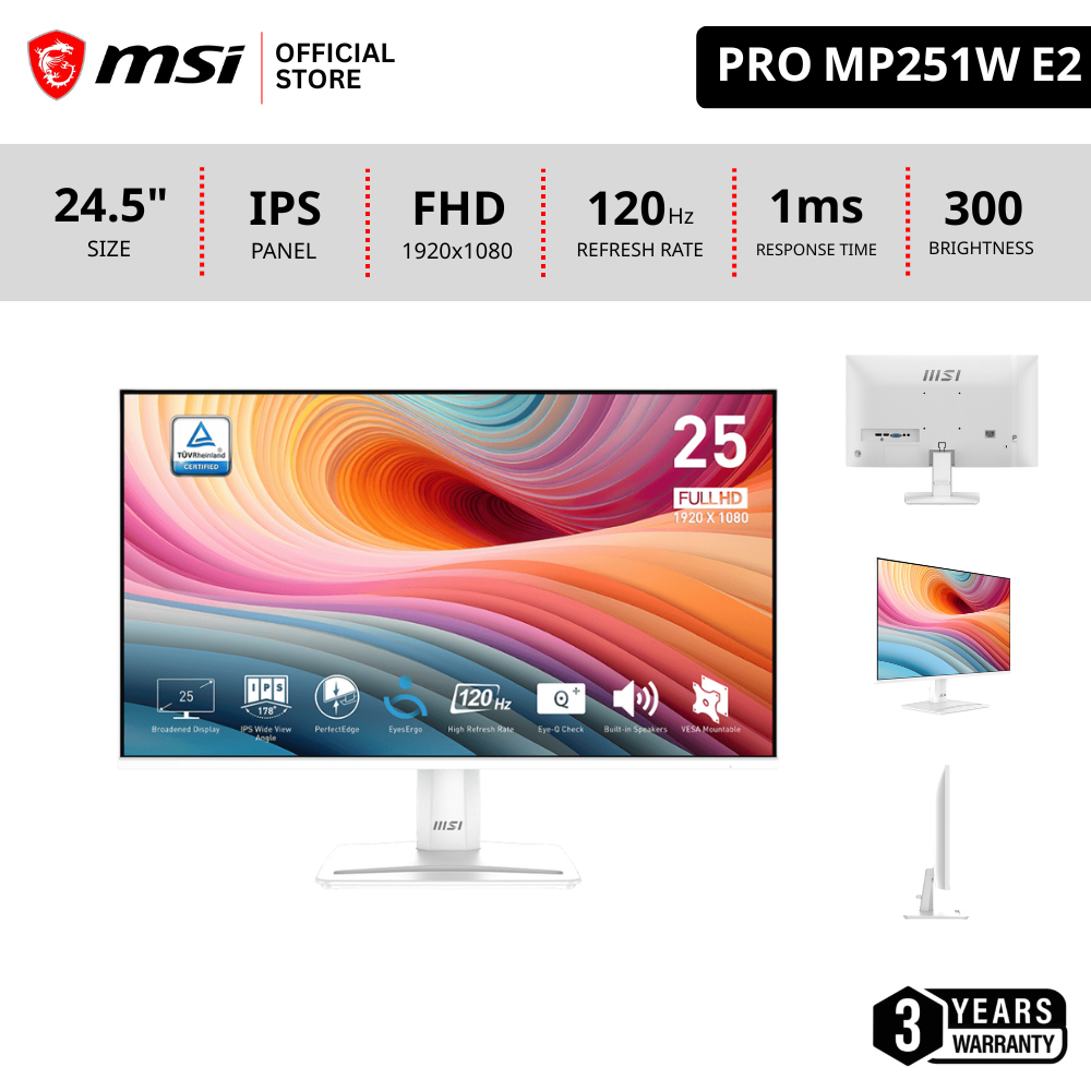 [Pre-เข้ากลางก.พ] MSI PRO MP251W E2 Monitor จอคอมพิวเตอร์ สีขาว 24.5" 1920 x 1080 (FHD) IPS 120Hz