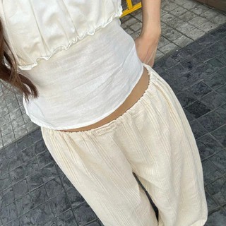 (พร้อมส่ง)Simple voile pant กางเกงขายาวผ้าฝ้ายเอวยางยืด กางเกงชายหาด